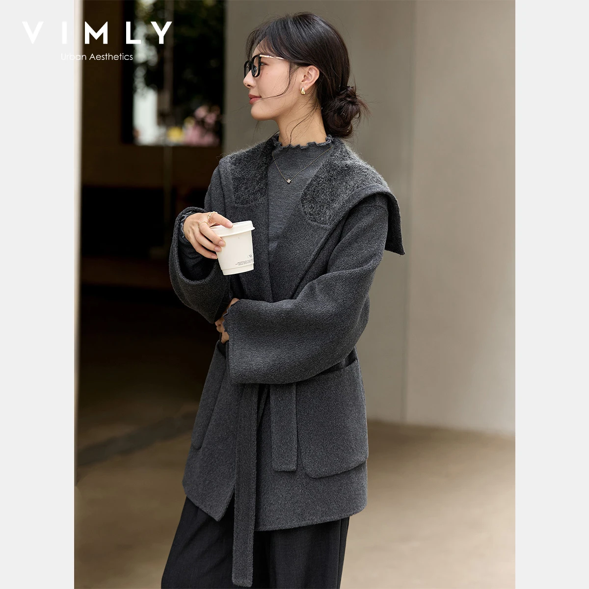 VIMLY Women's Gray Wool Blend Overcoat Casual 2026 Winter New Sailor Collar Oversized Coat Workwear Tie Belt Midi Jackets 50867