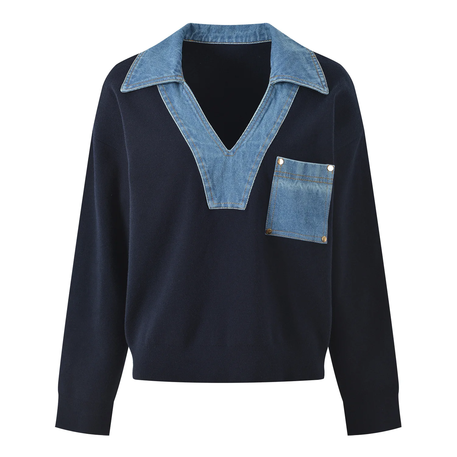 

Y2k Top Denim Spliced Sweater Design Contrast Color V-neck Fashionable and Versatile Short 2025 Autumn and Winter New Style