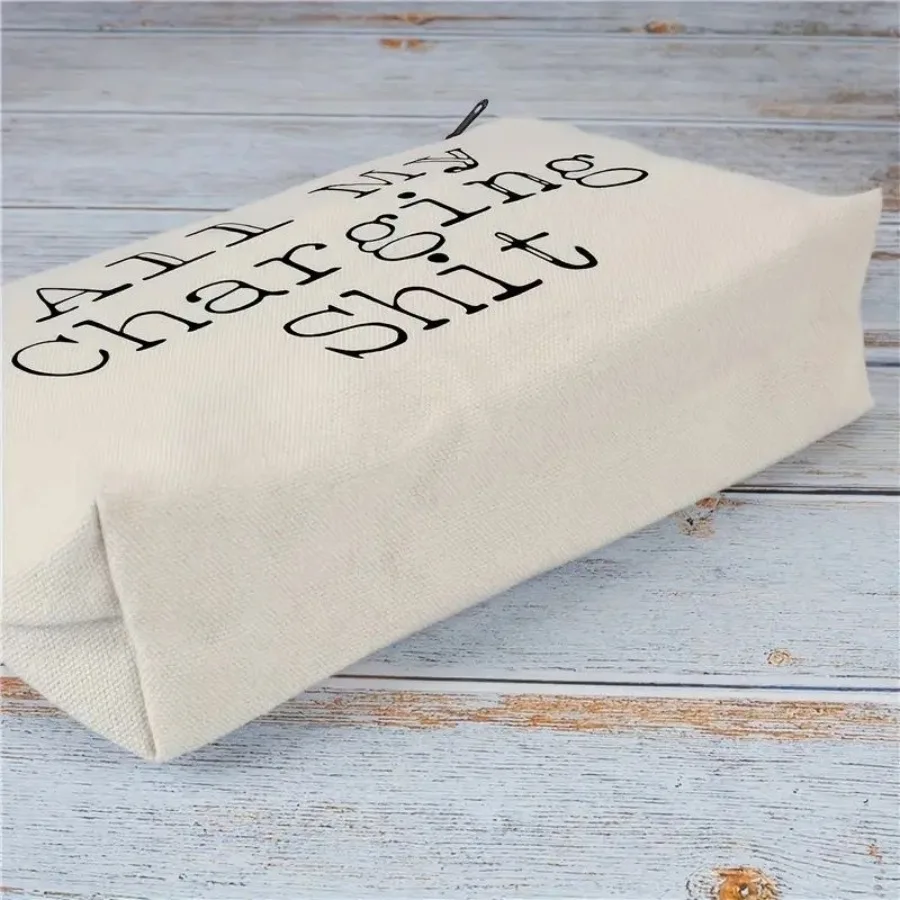 

Funny 'All My Charging Sht' Canvas Zipper Pouch Soft Cosmetic Bag Cord Organizer For Electronics Phones NonWaterproof