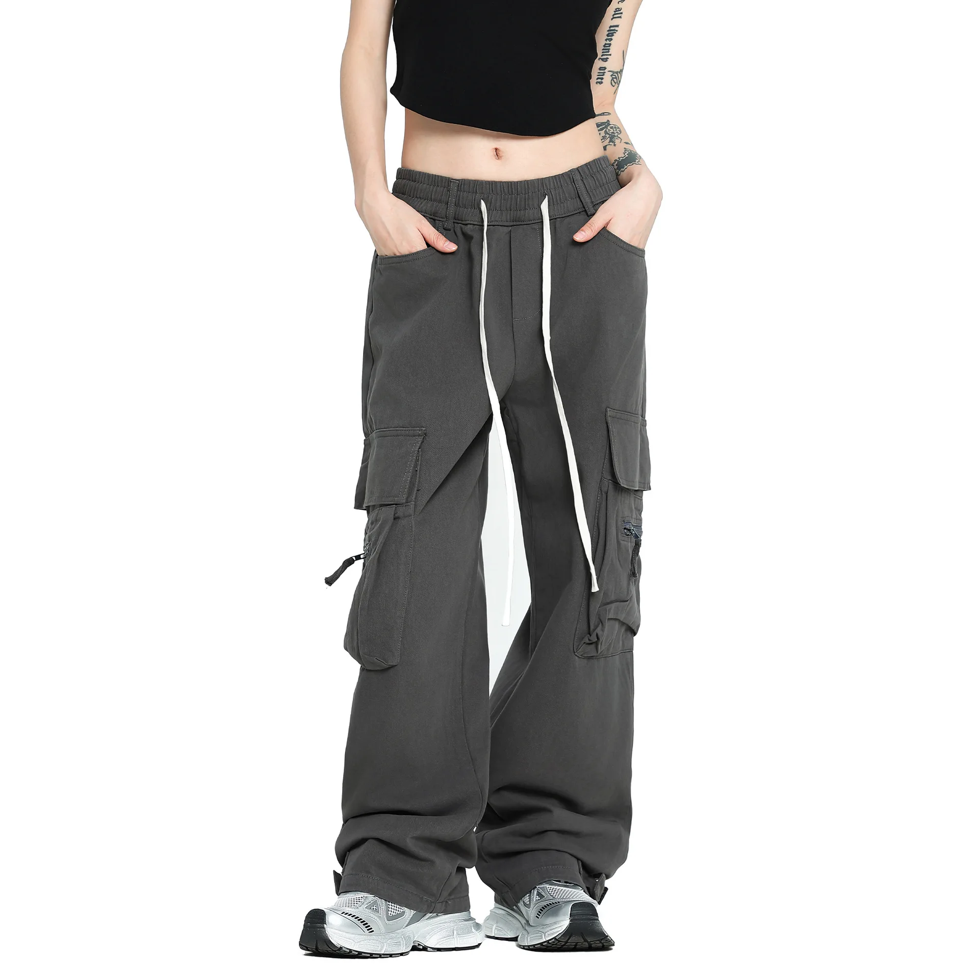 OR FL American Retro 100 Cotton Women Staraight Cargo Trousers Trendy Brand Baggy Pull Rope Self-cultivation Wide Leg Pants Y2k
