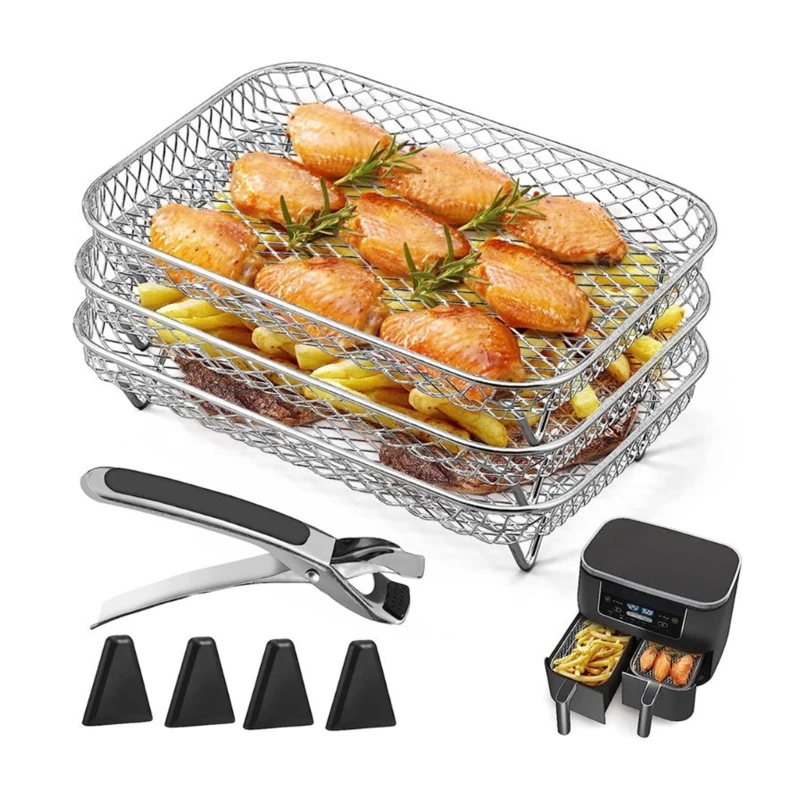 M2EE 3 Layer Air Fryer Three Stackable Dehydrator Racks Stainless Steel Air Fryer Basket Tray Air Fryer Accessories