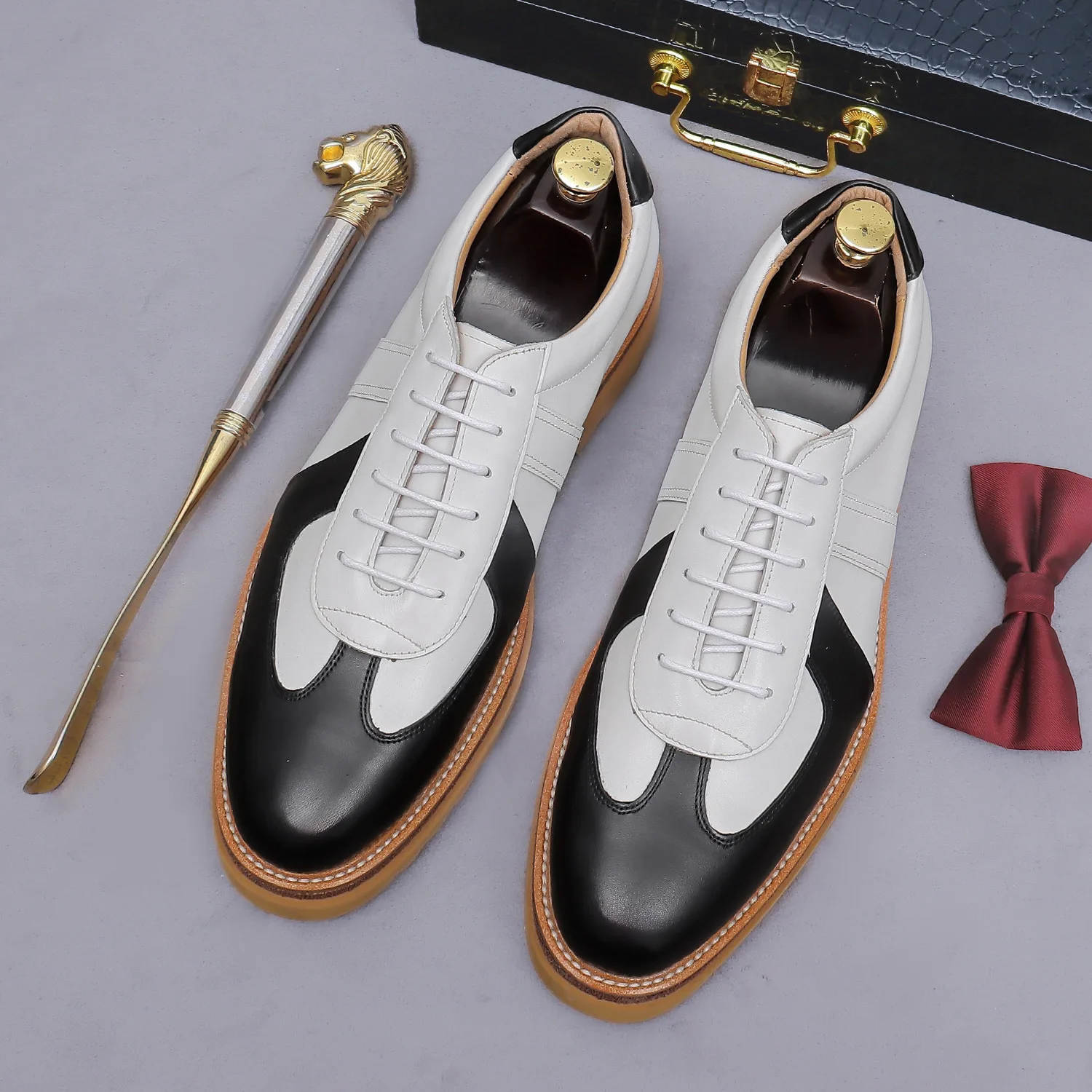 Oxfords Men Shoes Genuine Leather Lace Up Thick Platform Sole Contrast Patchwork Dress Shoes Luxury Casual Social Men's Shoes