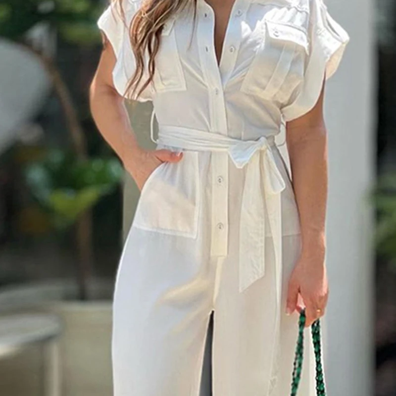 Damesmode Pocket Design Riem Met Veters Lange Jumpsuits Kantoormode Solide Playsuit Elegante Jumpsuit Met Revers En Knoop Voor Dames Jumpsuit