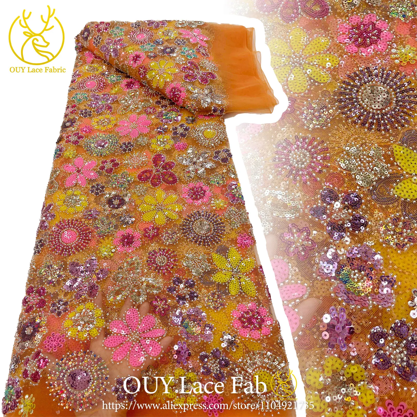 

Elegant African Sequins Lace Fabric, Latest French And Nigerian Beaded Lace Fabric, Suitable For Women's Evening Dresses.