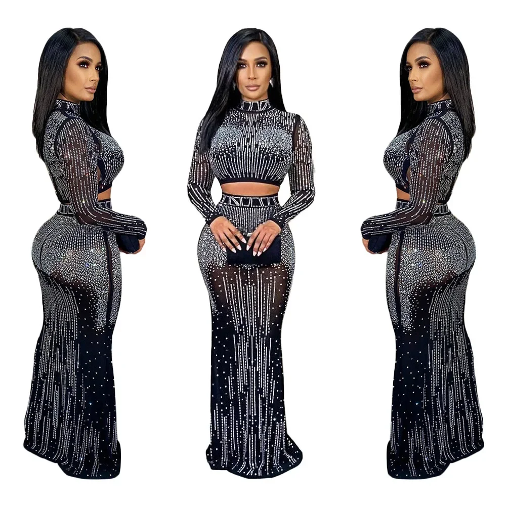 

Elegant Sexy Sparkle Black Rhinestone Studded Mesh Crop Top Skirt Two-Piece Set Glam Crystal Party Club Outfits Party Ball Dress