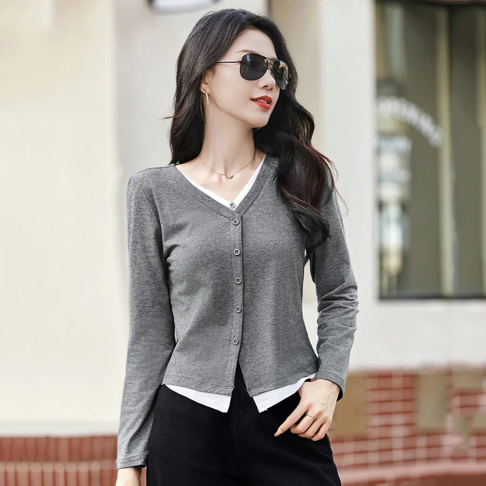 

New Women Spring Autumn Short T-shirt Fashion Patchwork V-Neck Long Sleeve Cotton Slim T-shirt Simplicity Casual Pullover Tops