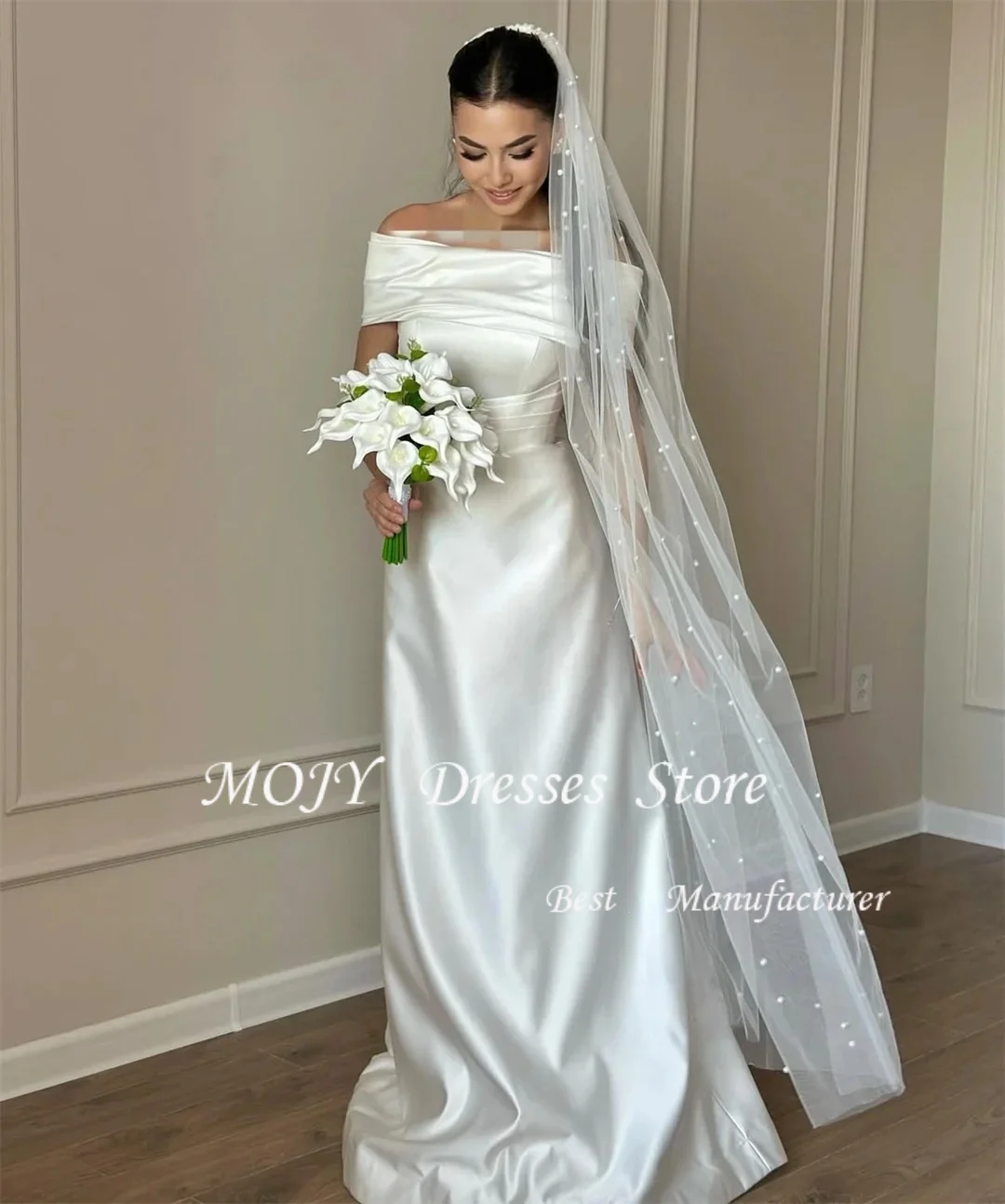 Mojy Satin A-Line vestidos de novia Exquisite Off The Shoulder Bridal Gown Ivory Pleat Wedding Dress Customized
