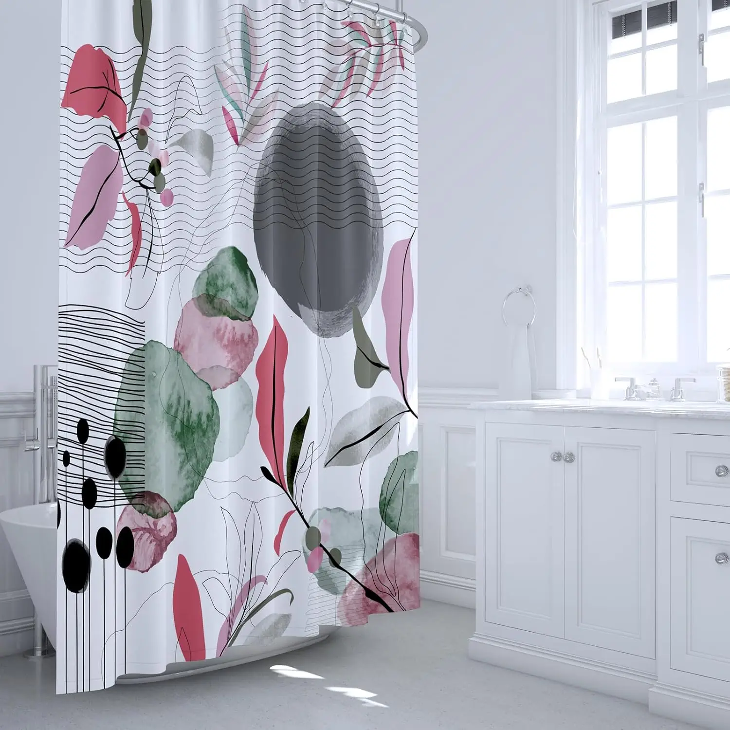 Abstract Botanical Leaf Print Polyester Shower Curtain for Bathroom Tropical Decor Modern Waterproof Liner Curtain