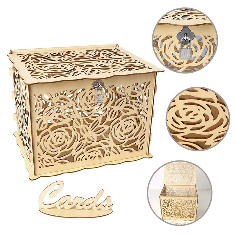 Boîte à cartes cadeau de Mariage, grande boîte d'argent en bois avec serrure, boîte à cartes d'invitation de Mariage pour fournitures de décoration d'anniversaire de Mariage