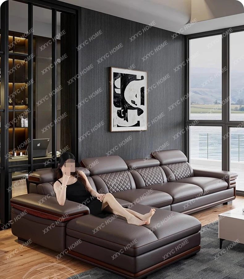 Straight Row Corner Multi Seat Combination Sofa Adjustable Headrests Living Room Sofa Top Layer Cowhide meuble maison