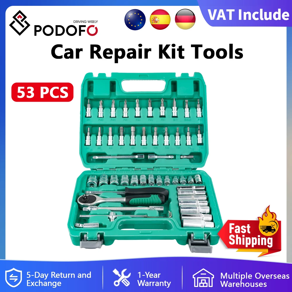 Podofo 53Pcs Socket Set Car Repair Tools Kit Quick Ratchet Torque Wrench Combo Auto Repairing Tool Set