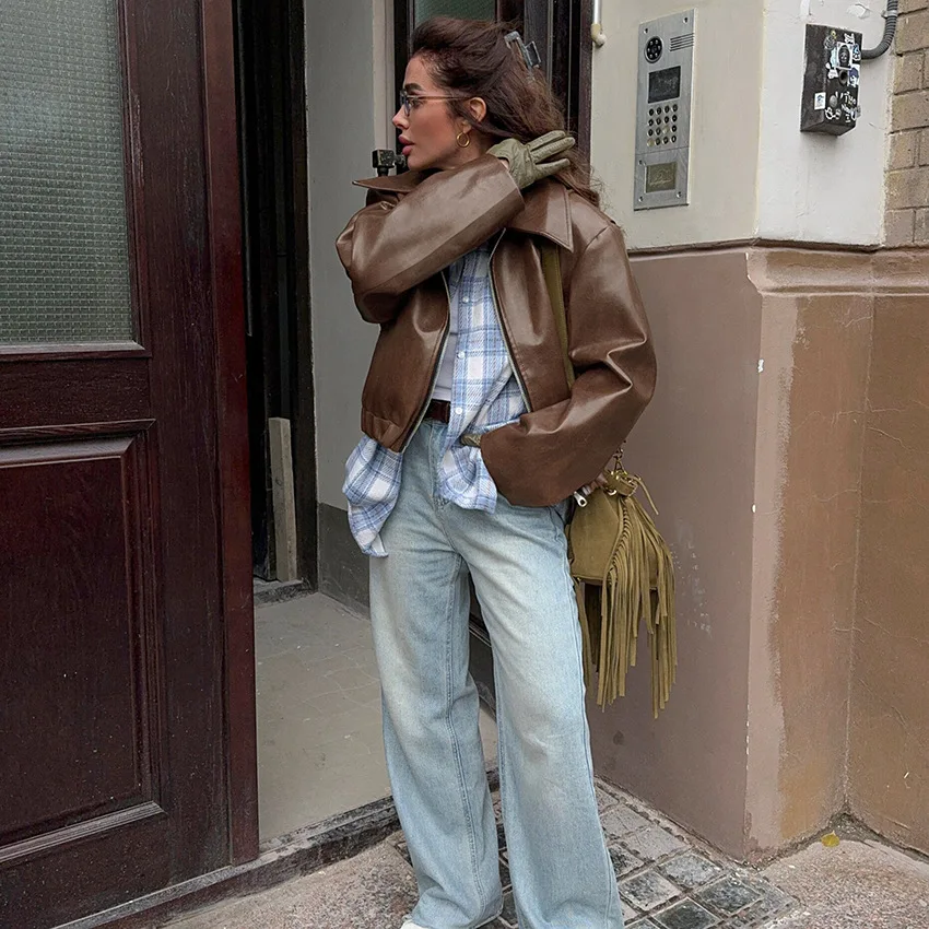 Angora Red Jacket Leather Motorcycle Girl Fashion Coat 2025 Autumn and Winter New Casual Windproof Tops Women's Clothing