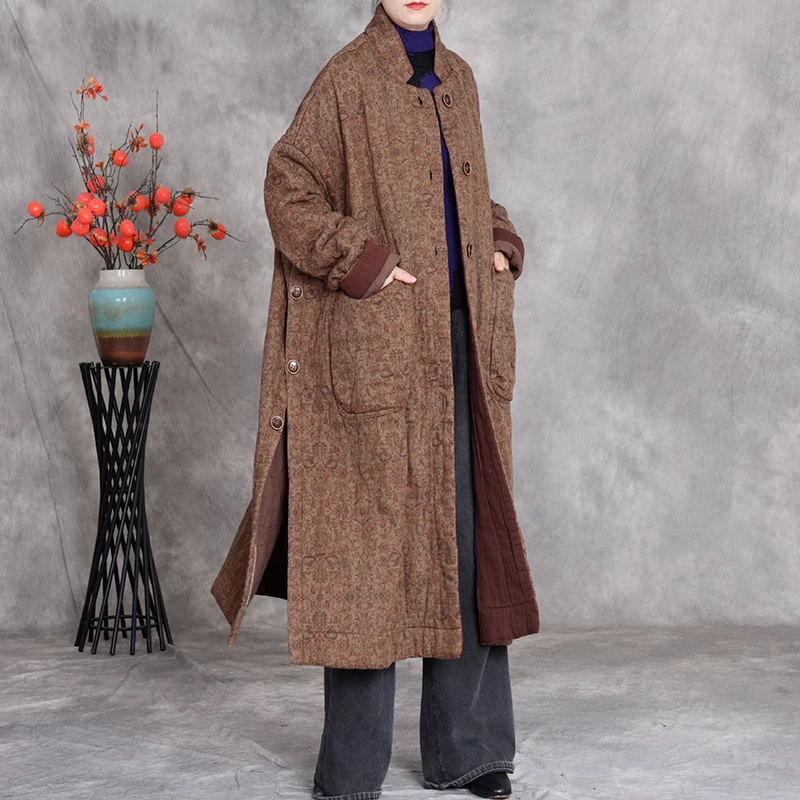 سترات نسائية سميكة من Wram وصلت حديثًا معاطف طويلة شتوية عتيقة موديل 2025 مطبوعة بالزهور معاطف طويلة فضفاضة على شكل حرف a للسيدات M2035