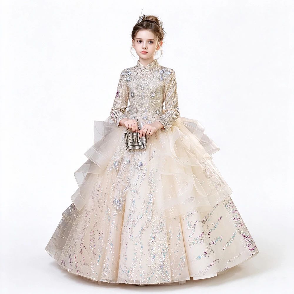 Luxury Princess Pageant Evening Prom Birthday Party Gown Glitter Sequined Tulle Banquet Formal Occasion Wedding Dress For Girls