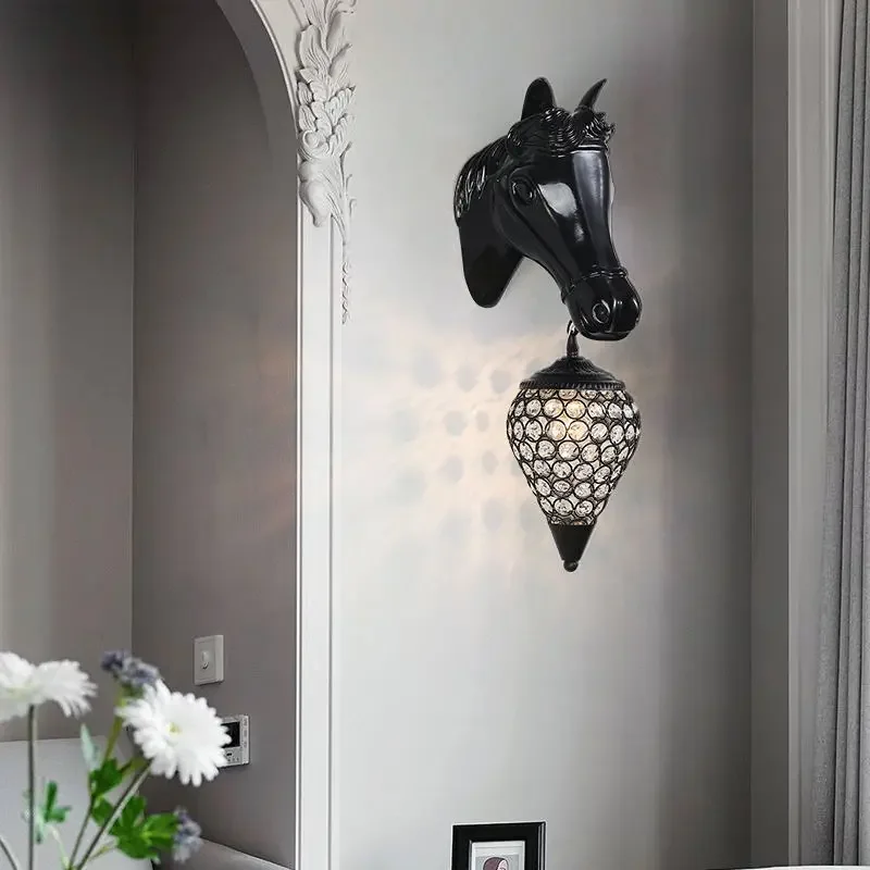 American style creative resin wall lamp living room dining room bar bedroom Bedside Lamp Retro carved horse crystal wall lamp