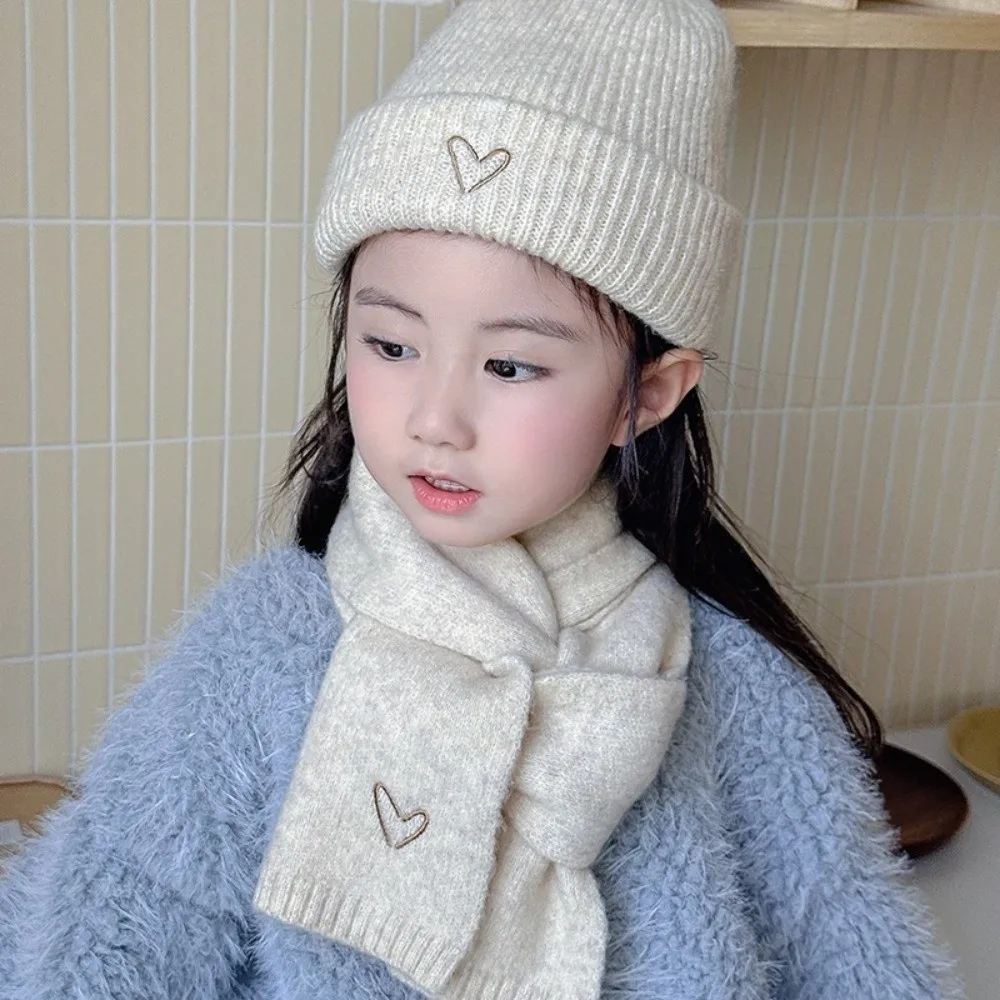 

Love Heart Embroidery Knitted Hat Scarf Set Thickened Solid Color Crochet Warm Beanie Cap Korean Style Windproof