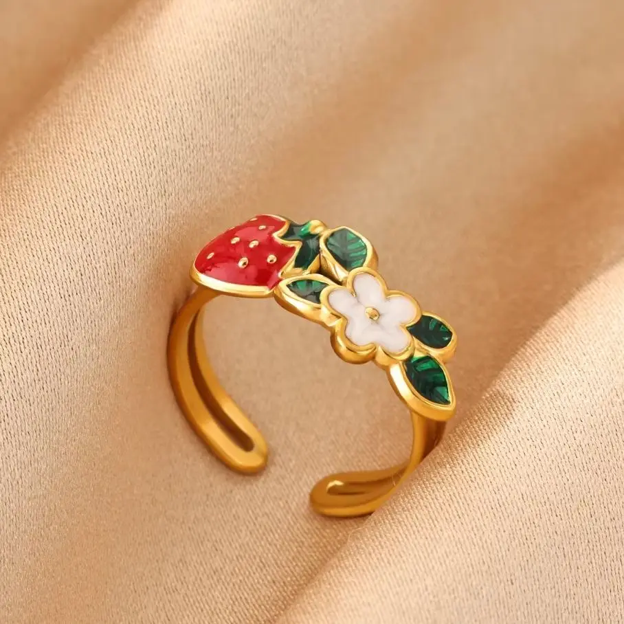 Bunte Emaille-Ringe mit Erdbeer- und Blumenmotiv für Frauen, goldfarbener Edelstahl, verstellbarer Ring mit Frucht- und Blumenmuster, Y2K-Stil, süßer Schmuck