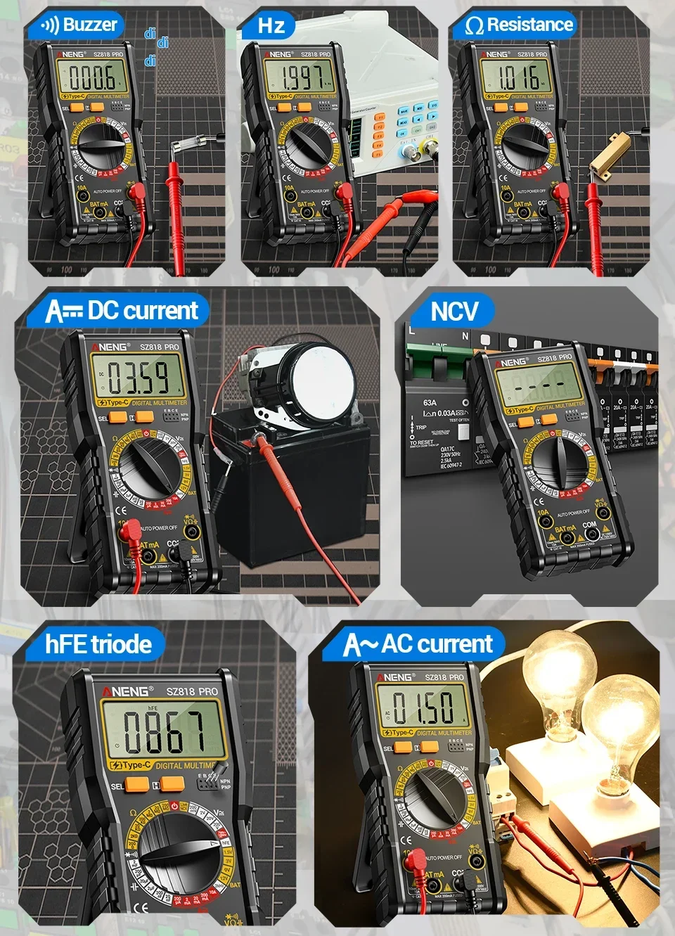 ANENG Digital Multimeters Rechargeable SZ818 Professional AC/DC Voltage NCV Ammeter Voltmeter HFE Triode Capacitor Test Tools