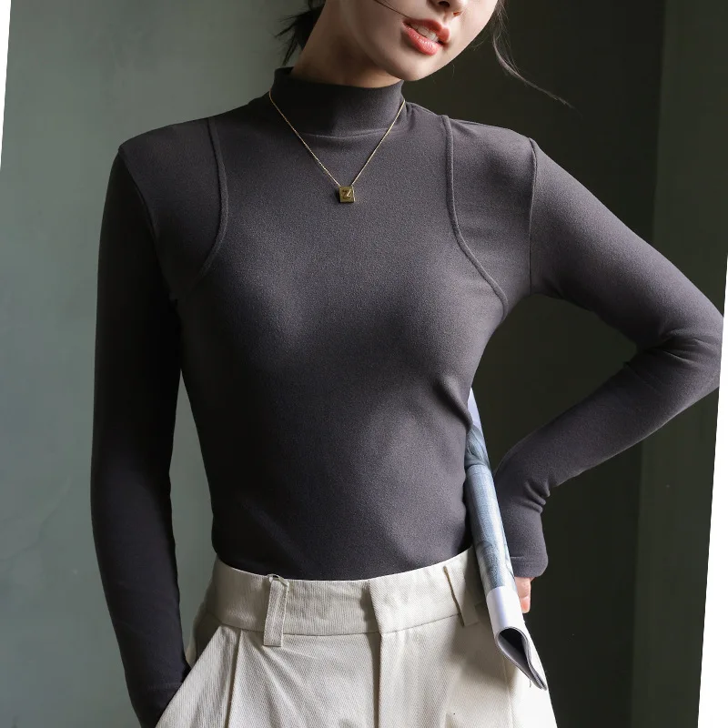 Winter Women Layering Base Thick Warm Fleece Full Sleeve Chic Elegant Casual Slim Korea Stylish Tops Autumn Female Blouse C5395