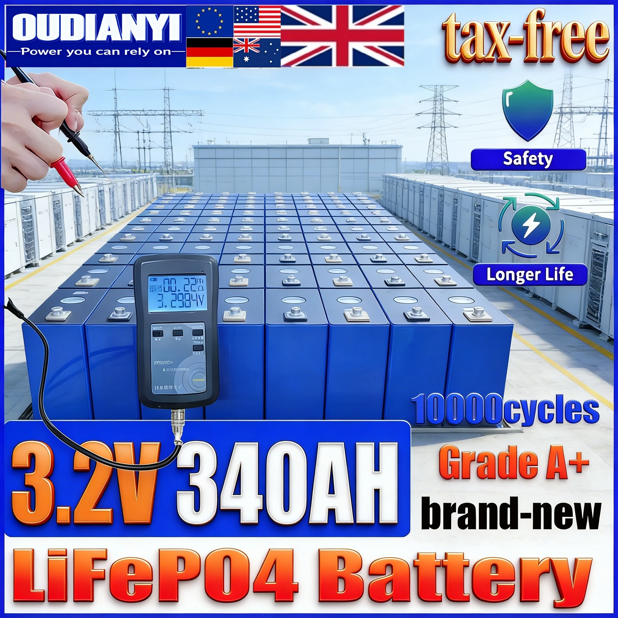 

3,2 В, 340 Ач, перезаряжаемый Lifepo4 — класс A, 10000 циклов, упаковка DIY 12 В, 24 В, 48 В для гольфа, кемпинга, без налога