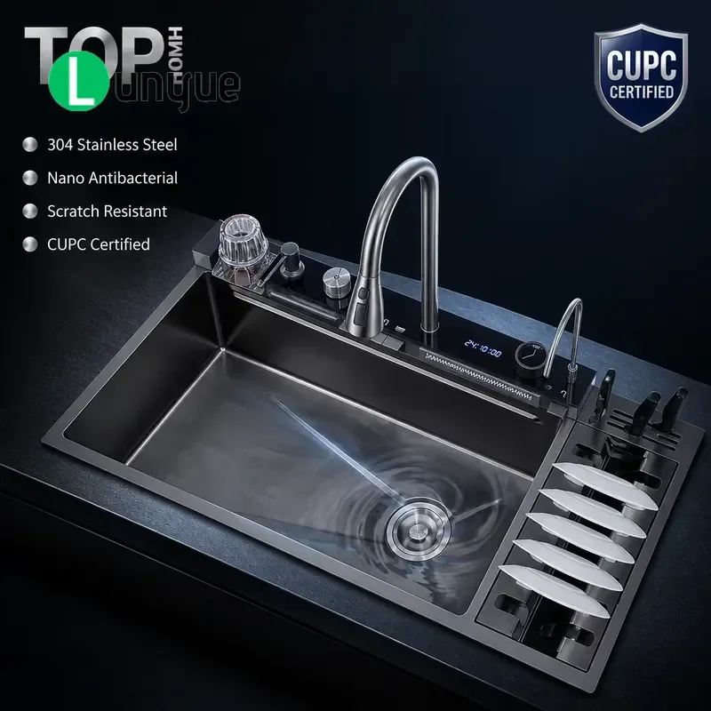 Smart 304 Stainless Steel Waterfall Kitchen Sink Modern Multifunctional Basin for Home Bar Laundry Durable Easy Clean Large