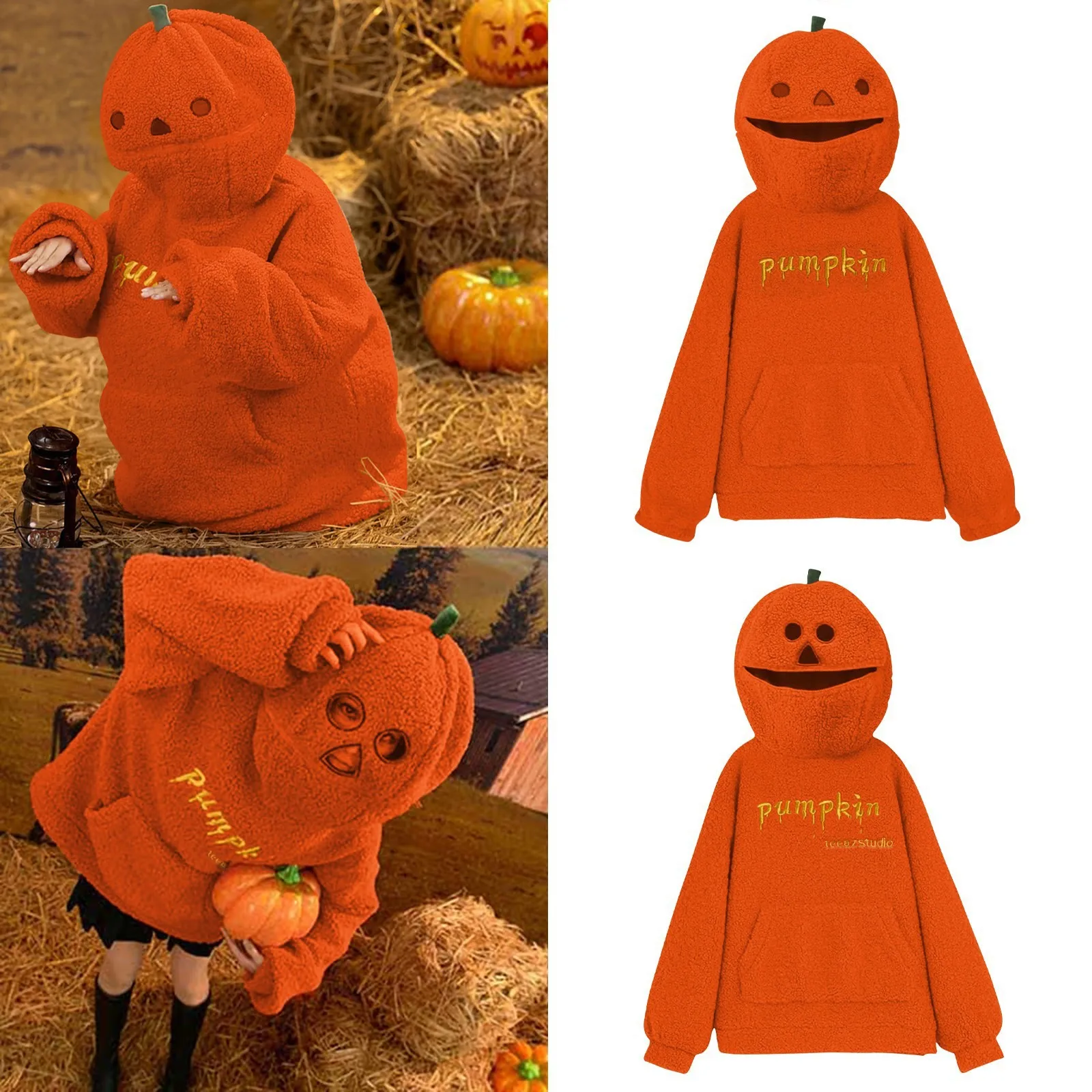 Women\'s  Hooded Autumn Double-Faced Fleece Cute Halloween Play Pumpkin  Kawaii Clothing Pattern Orange Hooded Sweatshirt