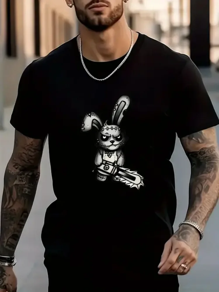 

[RabbitSkull Print Cotton Tee] Unique Rabbit Skull Print Cotton T-Shirt - Men's Casual Crew Neck All-Season Knit Fabric Top, R