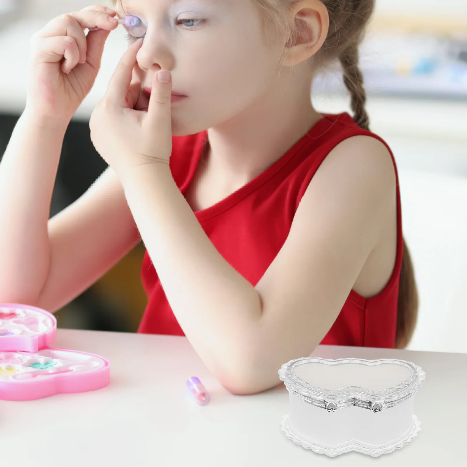 

Double Heart Jewelry Box Kids DIY Semi Transparent Plastic with Mirror Small Accessories Organizer Storage Case