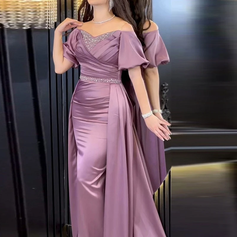 Customized Euramerican Slash Neck French Puff Short Sleeve Evening Party Dress Slim Long Temperament Vestidos Fashion Cross Drap