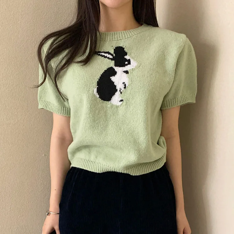 Шикарный ранний весенний нежный возрастной круглый Ne White-Elevating Elevation с вышивкой кролика Накладный вязаный свитер ort Sve...