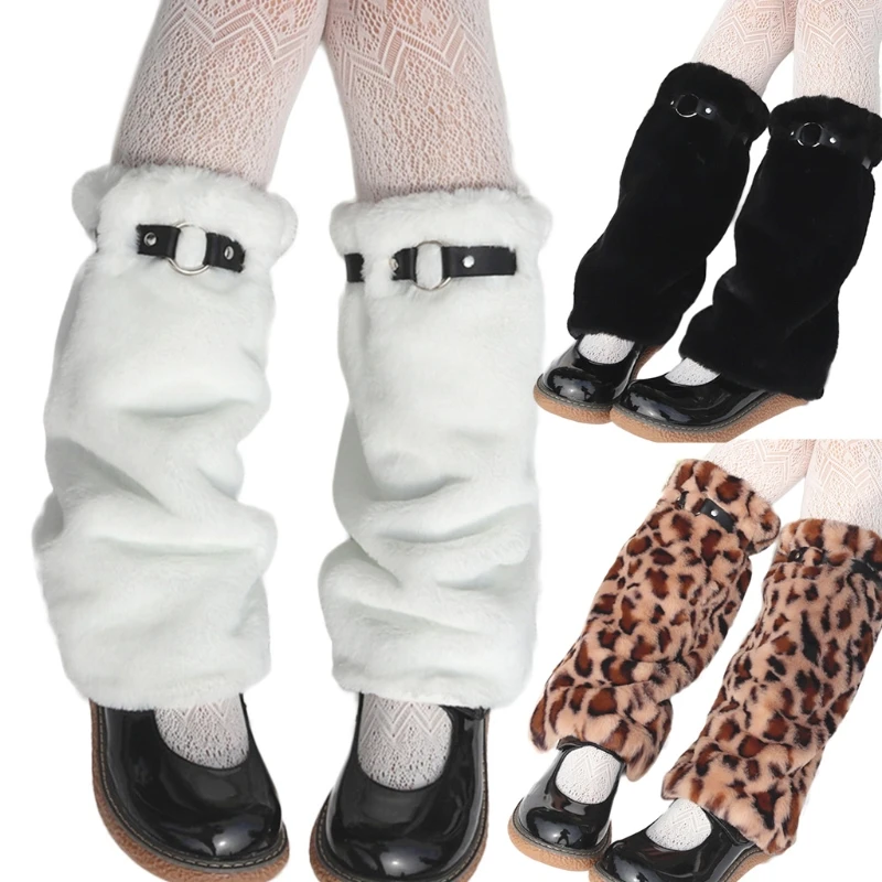 Women Girls Winter Plush Leg Warmers with Faux Leather Buckle Belt Japanese Student Knee High Socks Faux Fur Foot