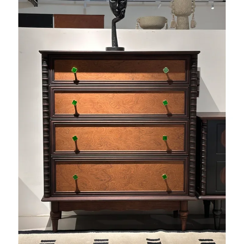 Luxury modern solid wood red oak cabinets, velvet lined 4 drawers, bedroom living room hotel bedside table