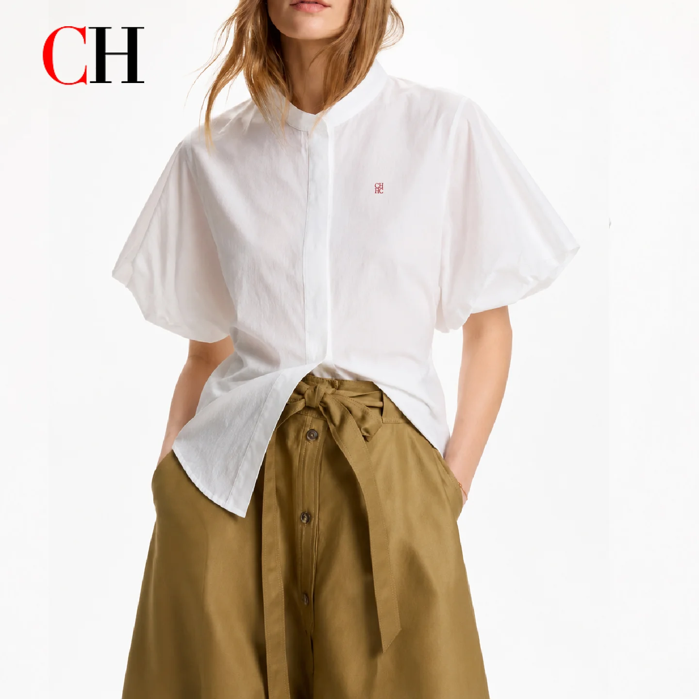 CH Red Logo Embroidered Left Chest Mandarin Collar Puff Sleeve Shirt Women Versatile Work Date Travel Casual Tops