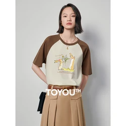 TOYOUH Women T-shirt 2024 Summer New Contrast Color Hand Painted Rabbit Pure Cotton Short Sleeve O Neck Loose Tops