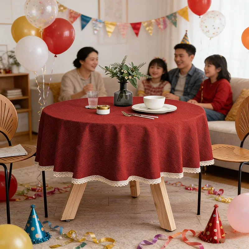 Large Round Tablecloth Waterproof Oilproof Stain Resistant Solid Cotton Linen Fabric with Lace Trim for Kitchen Party Home Decor