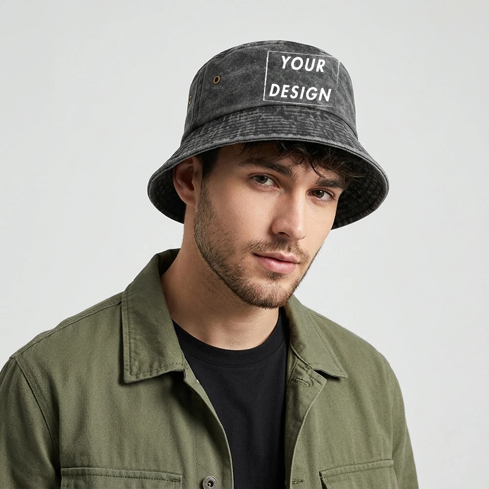Custom Washed Vintage Bucket Hat Personalized Bucket 100% Cotton Hat Your Design Here Fashion Customized Hat Gifts Made In USA