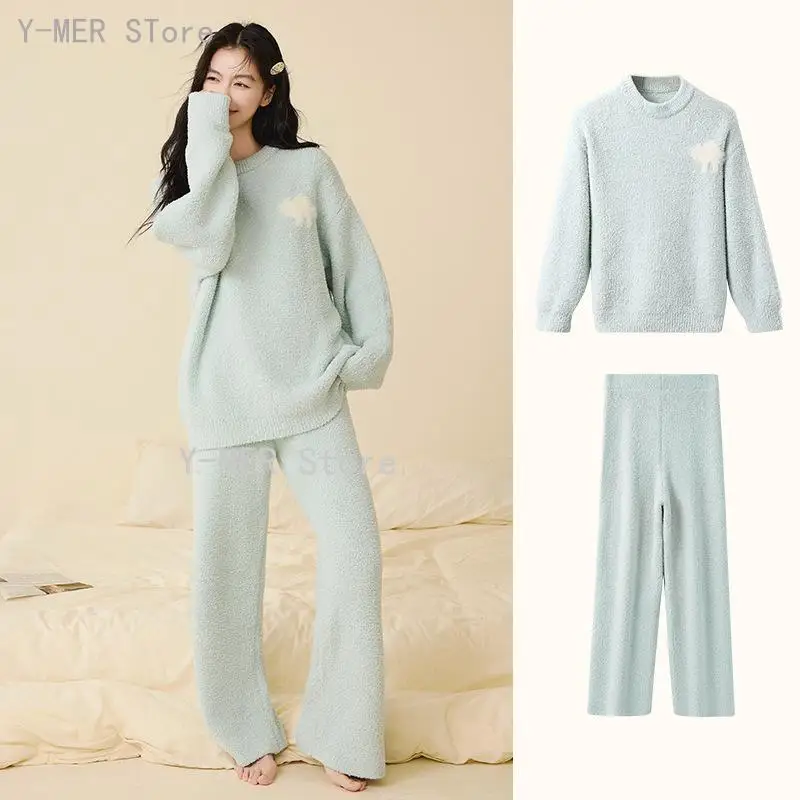Women Autumn Winter Half Fleece Pajama Set Solid Round Neck Thick Warm Wearable Outside Soft Casual Homewear Sleepwear Suit
