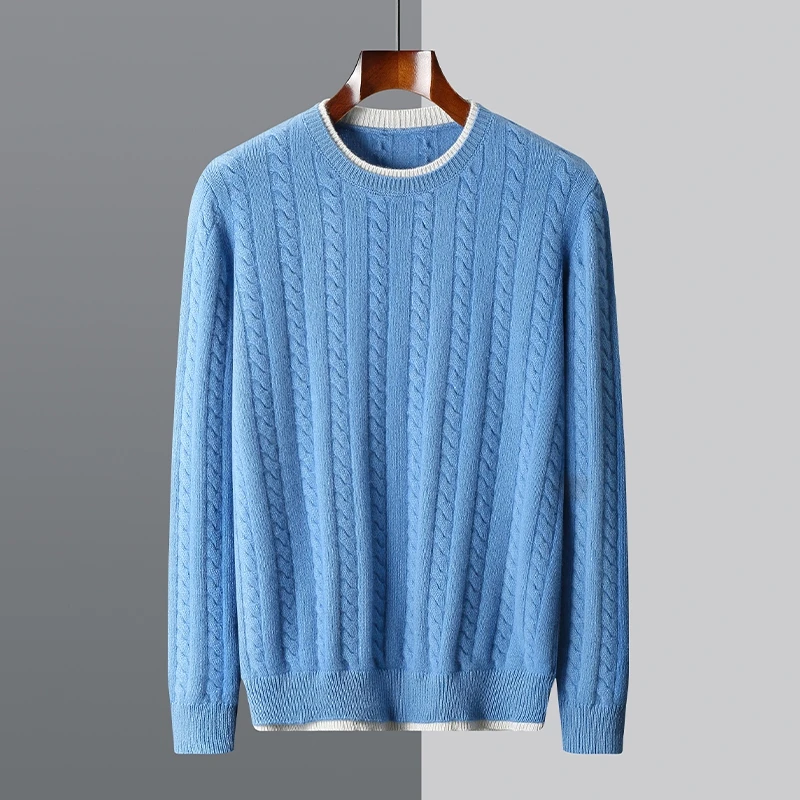 Autumn and winter new crewneck 100% Merino wool cashmere sweater men's fake two sweaters casual business wool bottom knitwear