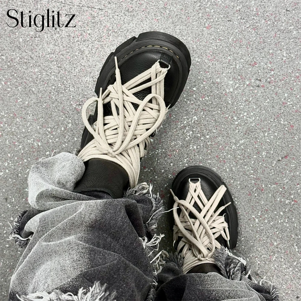 Cross Strap Ankle Boots Black Leather Fashion Style Motorcycle Boots Platform Heightening Punk Zipper Lace up Booties for Men