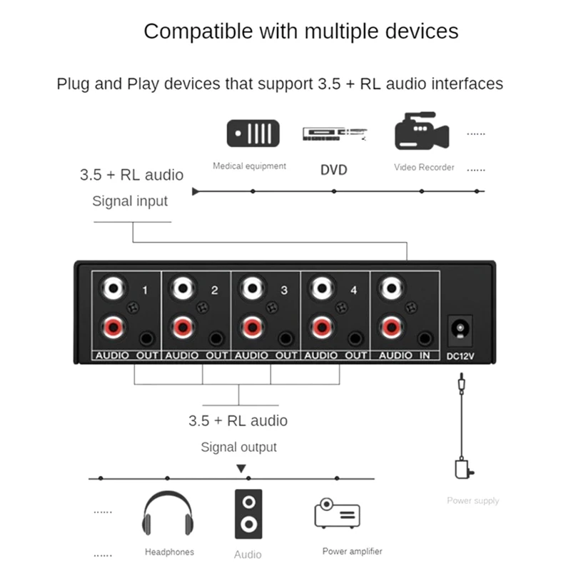 RCA AUX Audio Switcher 4 in 1 Out Stereo Audio Selector 4X1 3.5mm Aux L/R RCA Audio Switch Box Analog Audio Selector, B