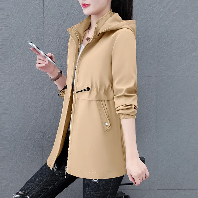 

Women Casual Trench Coat Hooded Midi Length Windbreaker Female Outerwear for Spring Autumn Big Size Black Khaki Gabardina Mujer
