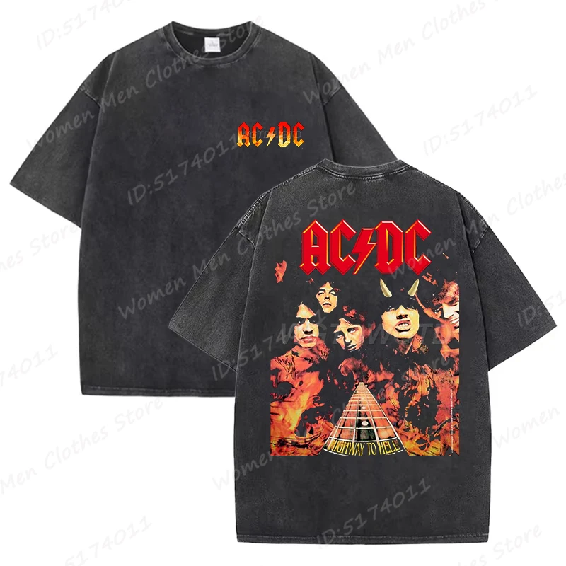 

2025 Men's Washed T-shirts Rock Band AC DC Print Fashion Oversized Vintage Washed Cotton Short Sleeve Unisex Streetwear T-shirt