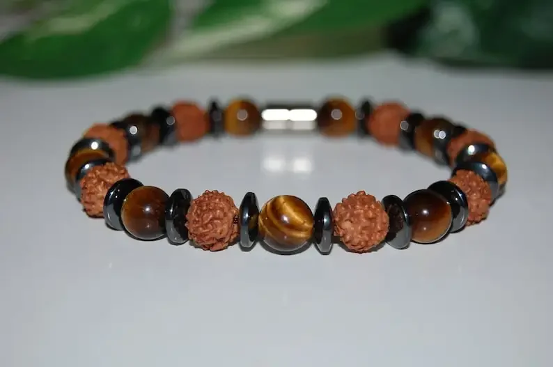 Tiger Eye Bracelet, Mala Buddhist Bracelet, Rudraksha Bracelet, Tiger Eye Stone and Rudraksha Wood Beads, Men, women, magnetic