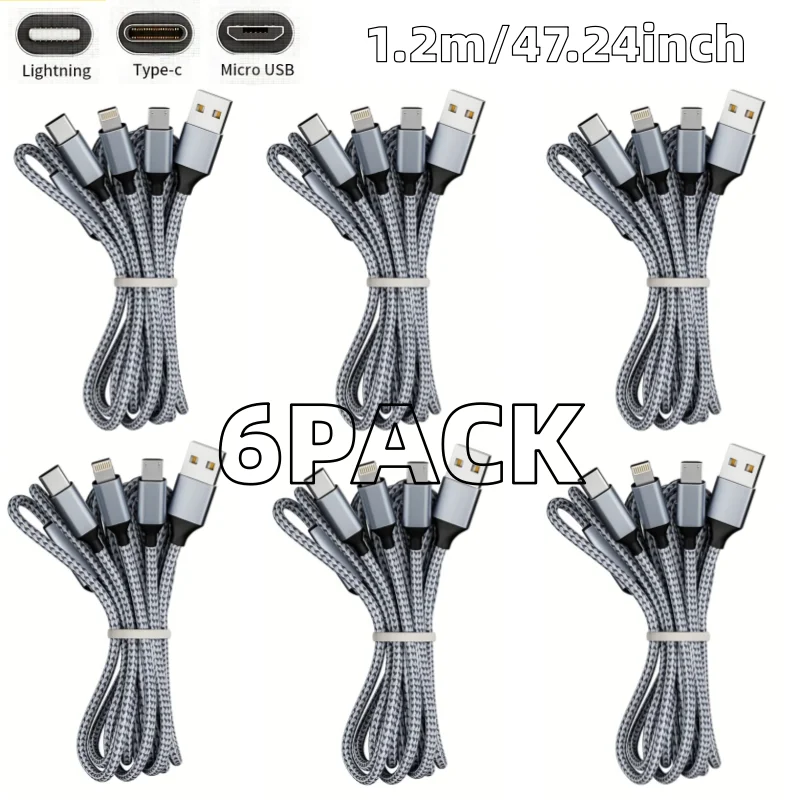 4/6PCS 3 In1 USB-C Fast Charging Cable with Lightning Micro Type-C Multi Interface Data Cable,For Iphone Samsung Xiaomi
