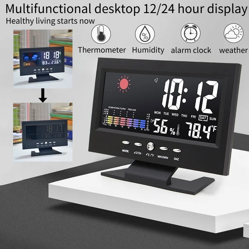 1 reloj electrónico nuevo de 12/24 horas, termómetro, higrómetro, clima, semana, pantalla LCD digital, equipado con cable de carga USB