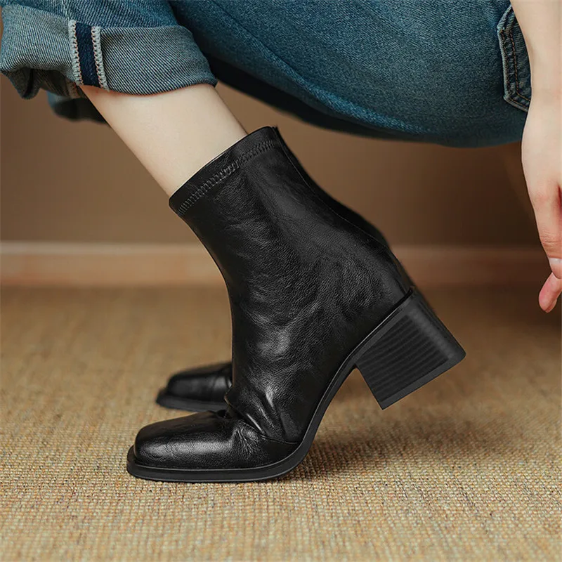 Autumn Winter Pu Leather Women Boots Fashion Square Toe Shoes for Women Short Boots Women Mujer High Heel Elastic Slimming Boots