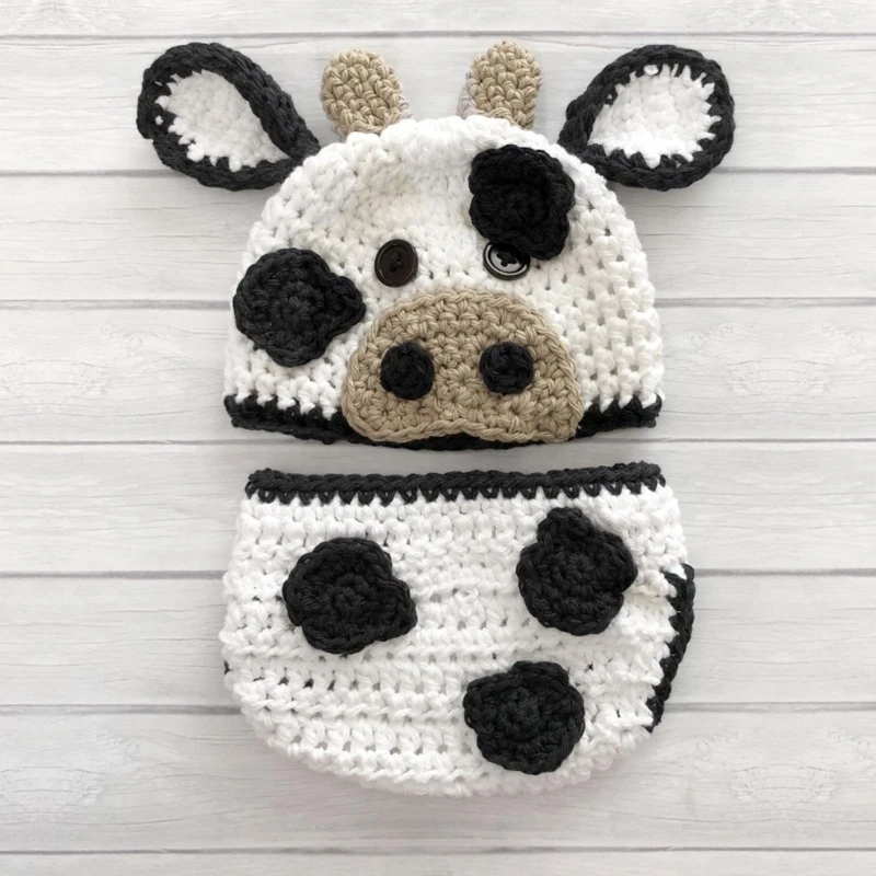 

Newborn Photo Costume Set Crochet Cow Hat Shorts Outfit Set Photo Props Animal Costume Infant Photography Suit