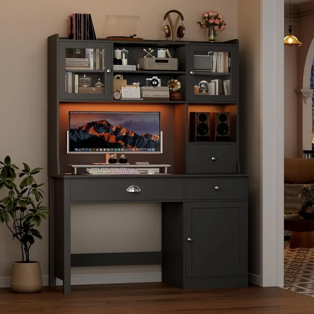 65 Dual Monitor Office Desk with Power Outlet, RGB-lit Hutch, 3 Drawer Makeup Vanity, Black