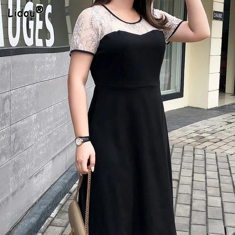 Knee Skirts Round Neck Lace Patchwork Dresses Solid Color Loose Oversized Spring Summer Thin Casual Women's Clothing Simplicity
