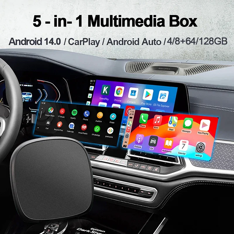 2025 CarPlay AI Box Android 14 Wireless Carplay Android Auto محول 4/8-Core أنظمة ذكاء السيارة لـ YouTube Netflix